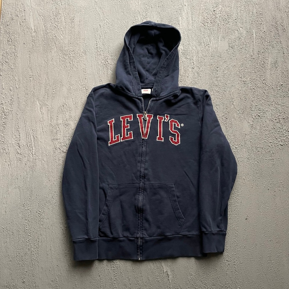 Vintage Levis Zip Up Hoodie Men Medium Navy Blue 2000s